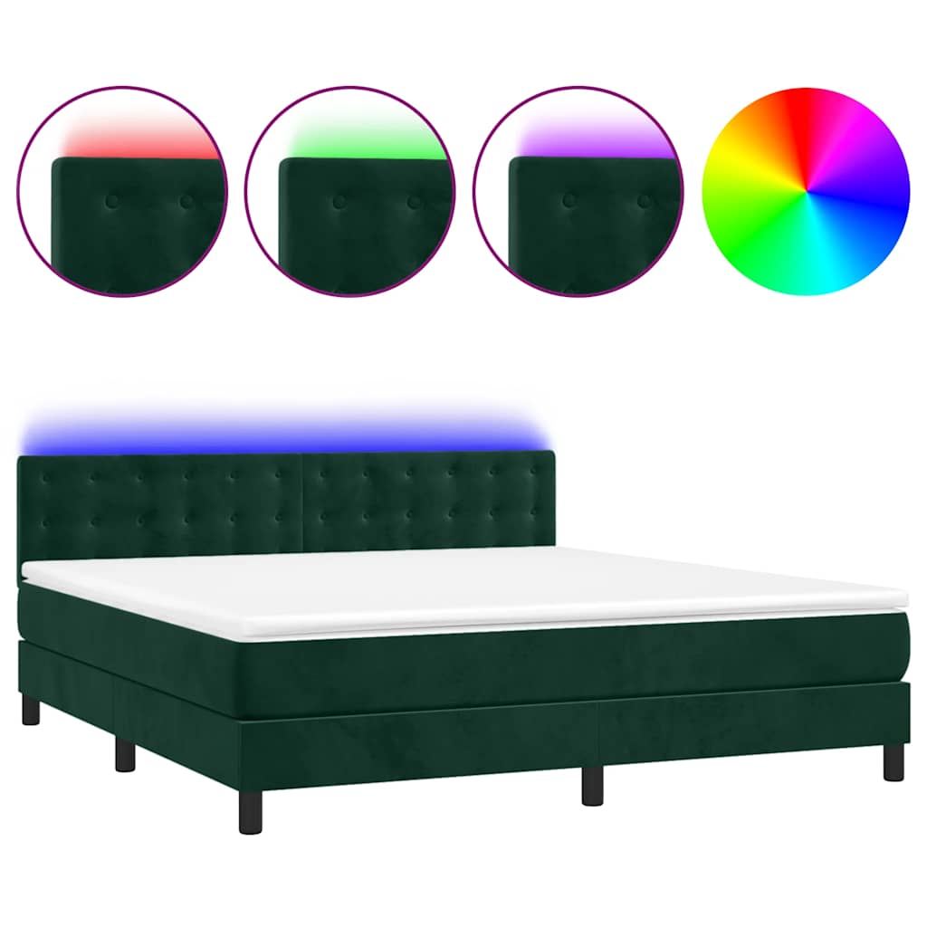 Krevet box spring s madracem LED tamnozeleni 160x200 cm baršun