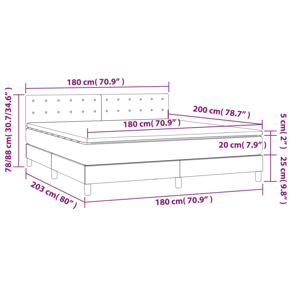 Krevet box spring s madracem LED svjetlosivi 180x200 cm baršun