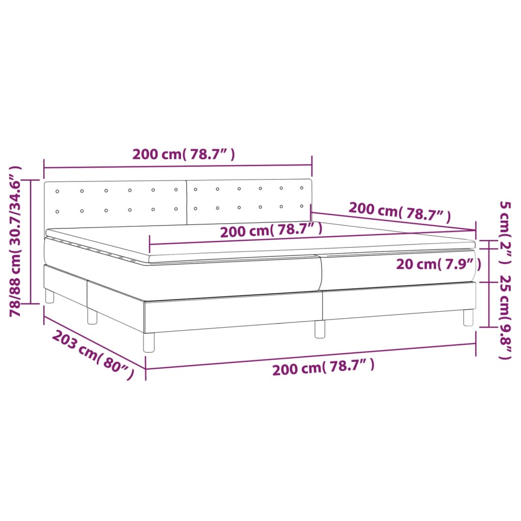 Krevet box spring s madracem LED tamnosivi 200x200 cm baršun