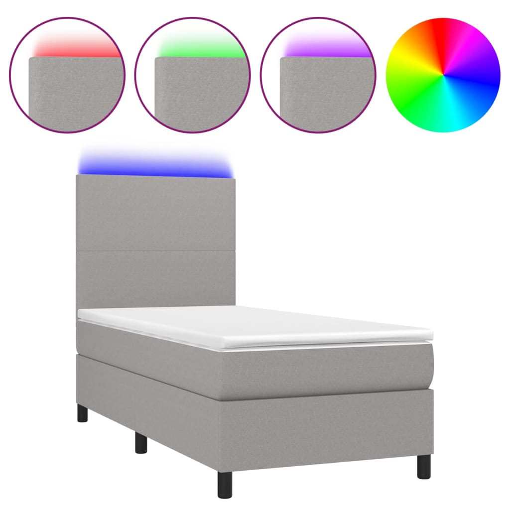 Krevet box spring s madracem LED svjetlosivi 90x190 cm tkanina