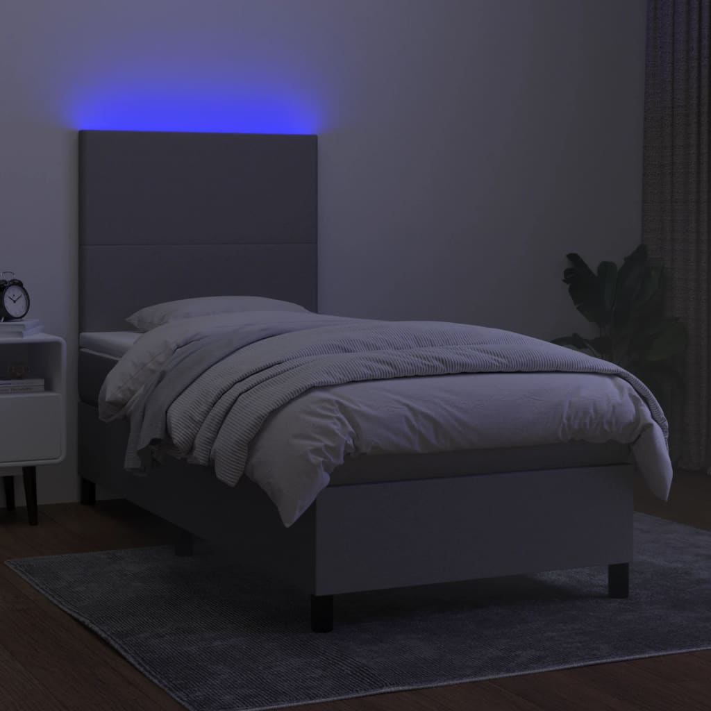 Krevet box spring s madracem LED svjetlosivi 90x200 cm tkanina