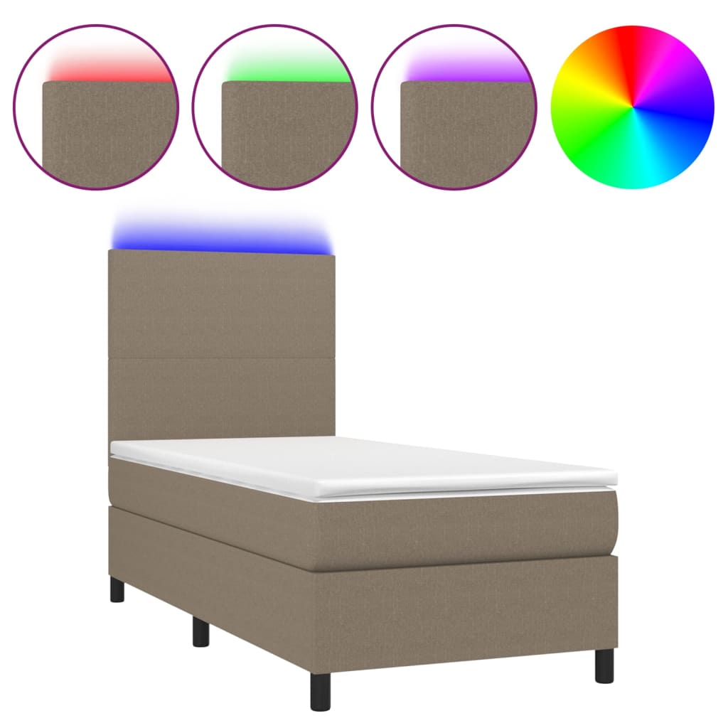 Krevet box spring s madracem LED smeđesivi 90x200 cm tkanina