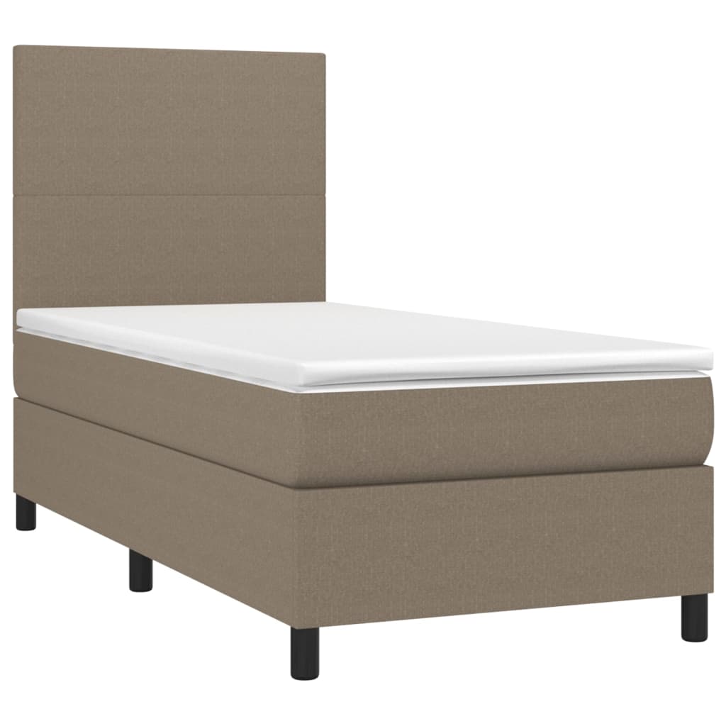 Krevet box spring s madracem LED smeđesivi 90x200 cm tkanina