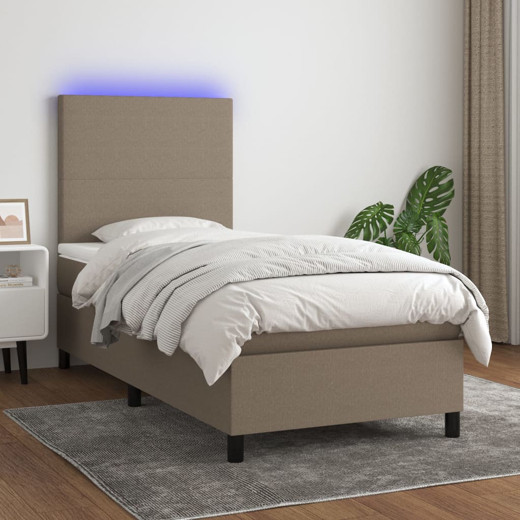 Krevet box spring s madracem LED smeđesivi 100x200 cm tkanina