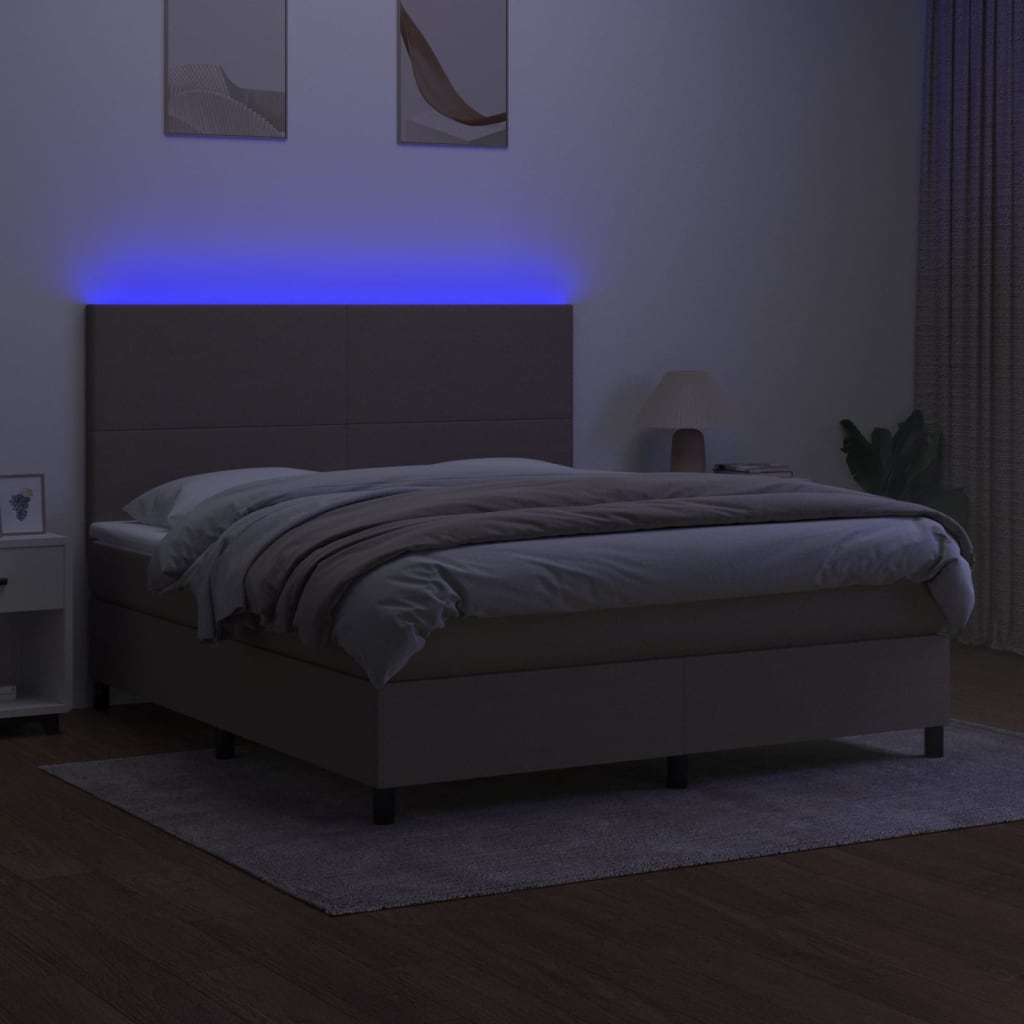 Krevet box spring s madracem LED smeđesivi 160x200 cm tkanina