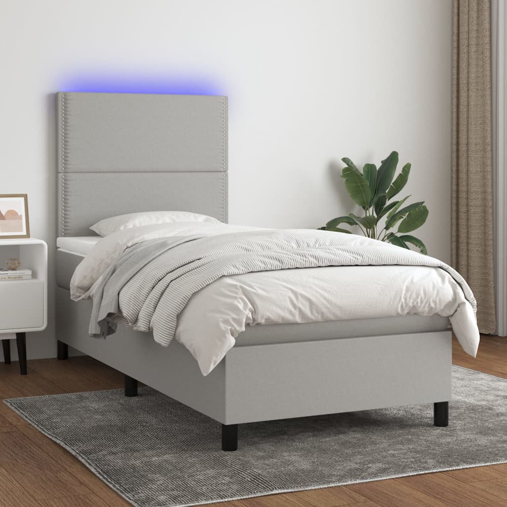 Krevet box spring s madracem LED svjetlosivi 90x190 cm tkanina