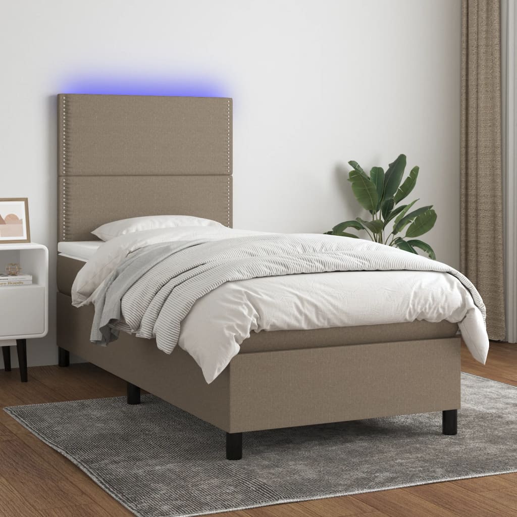 Krevet box spring s madracem LED smeđesivi 90x190 cm tkanina