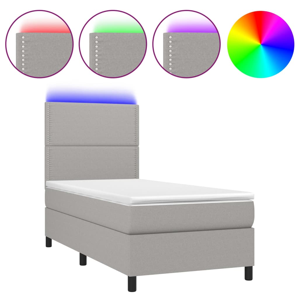 Krevet box spring s madracem LED svjetlosivi 90x200 cm tkanina