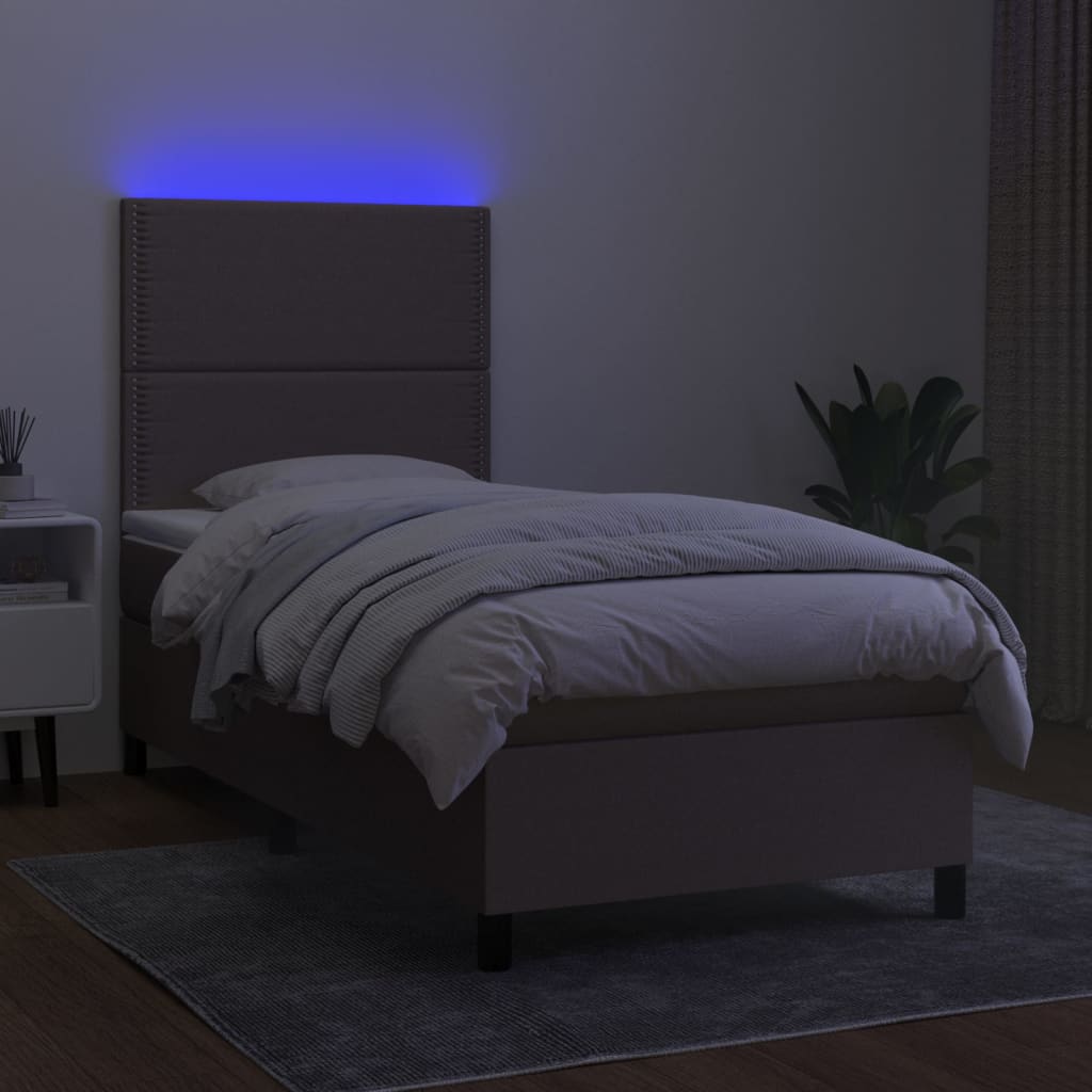Krevet box spring s madracem LED smeđesivi 90x200 cm tkanina