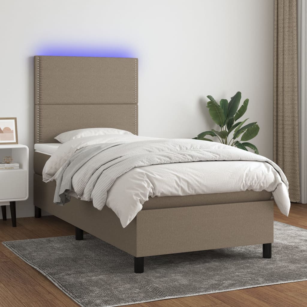 Krevet box spring s madracem LED smeđesivi 90x200 cm tkanina