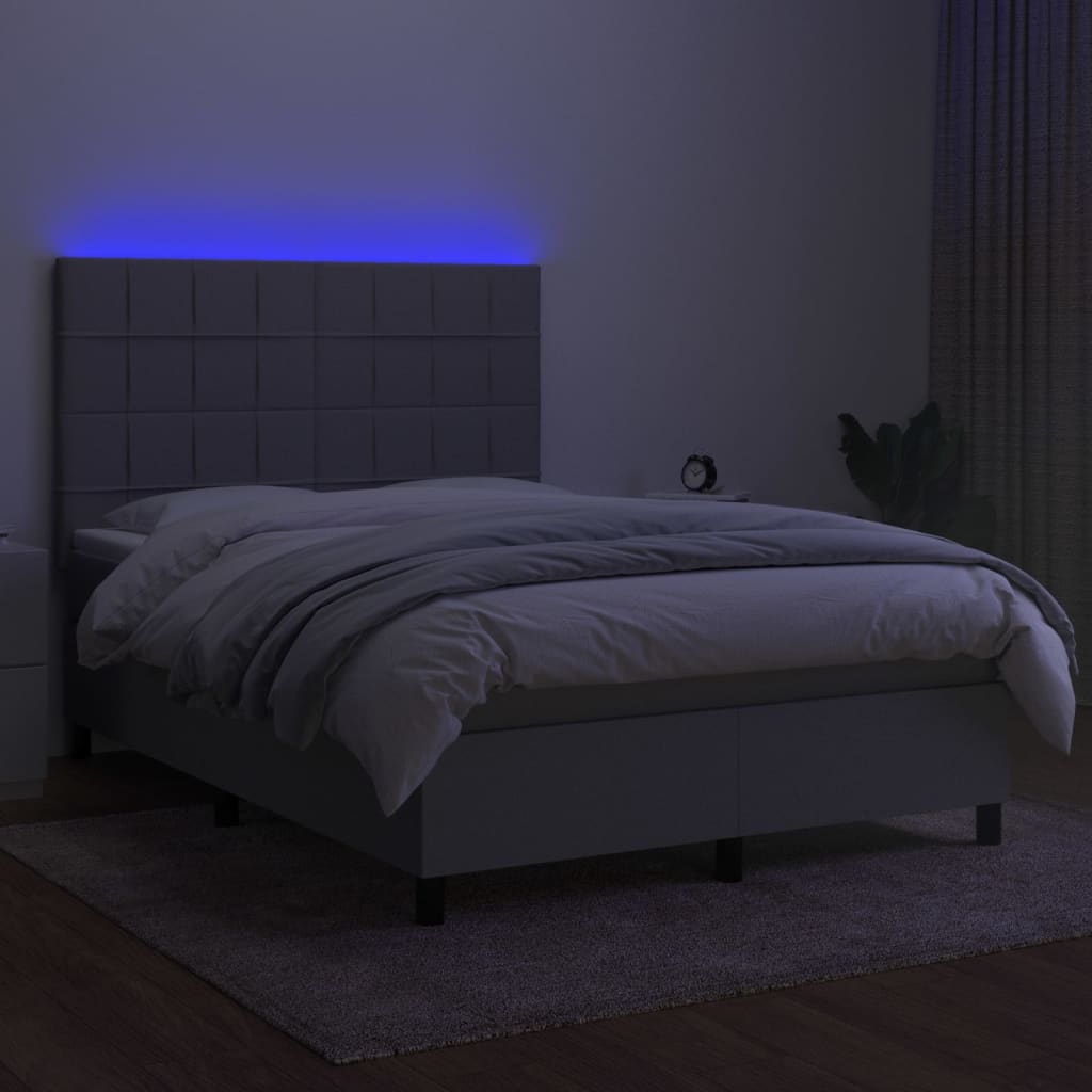 Krevet box spring s madracem LED svjetlosivi 140x190 cm tkanina