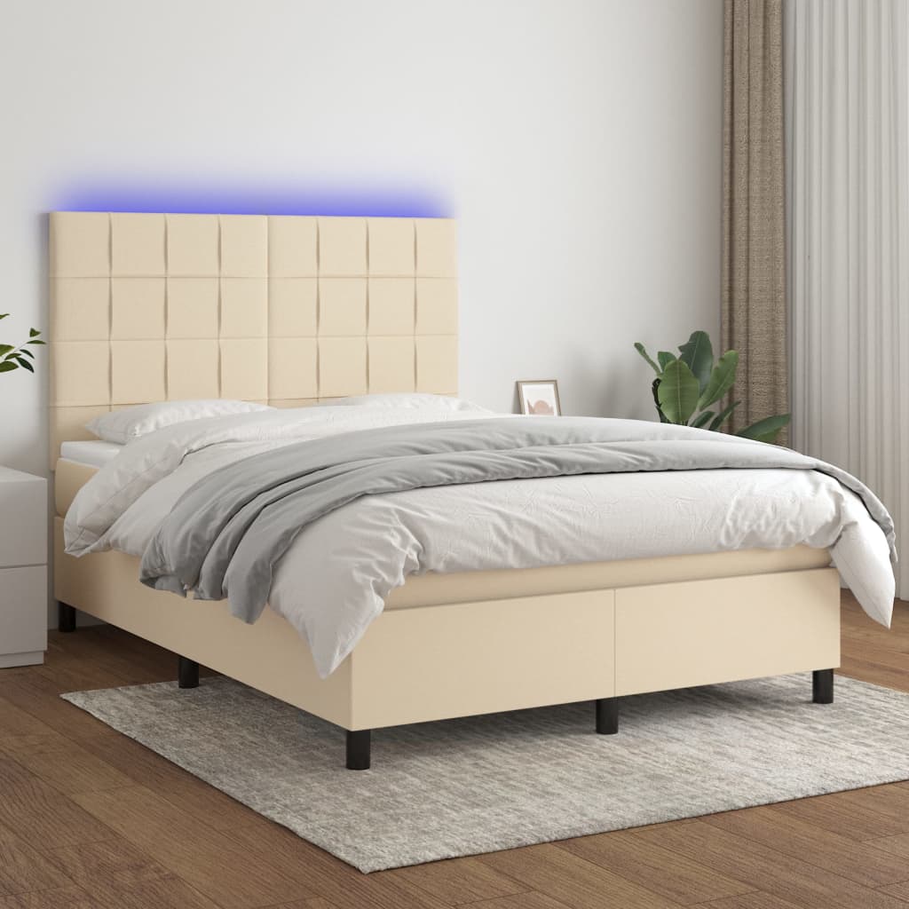 Krevet box spring s madracem LED krem 140x190 cm od tkanine