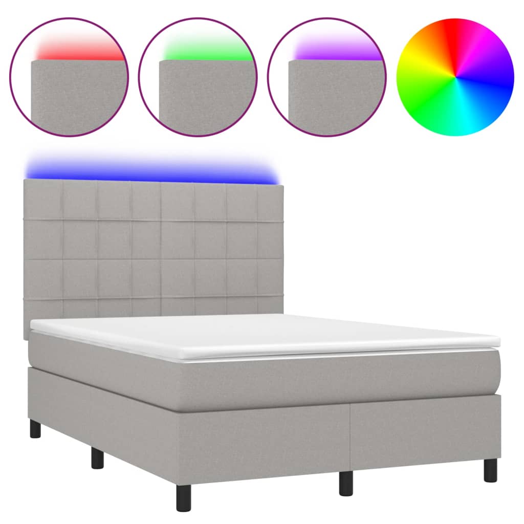 Krevet box spring s madracem LED svjetlosivi 140x200 cm tkanina