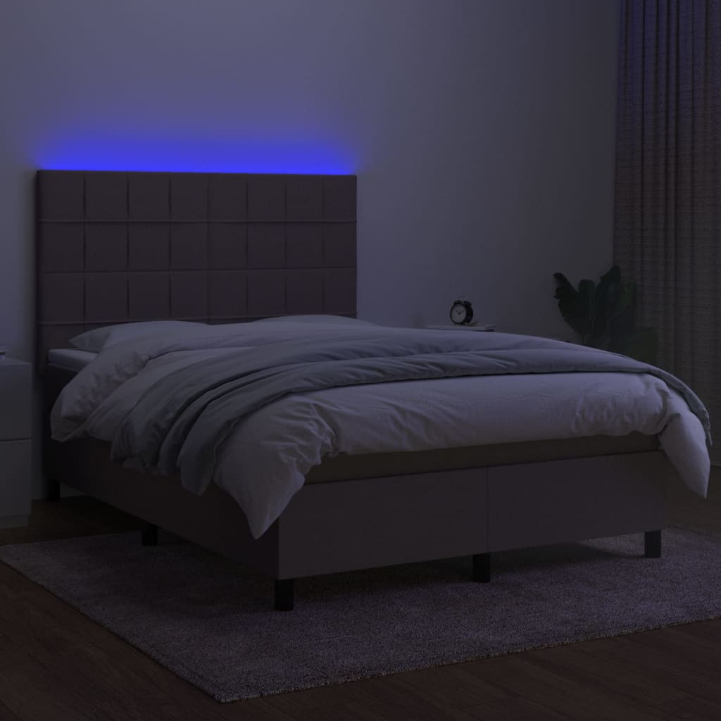 Krevet box spring s madracem LED smeđesivi 140x200 cm tkanina
