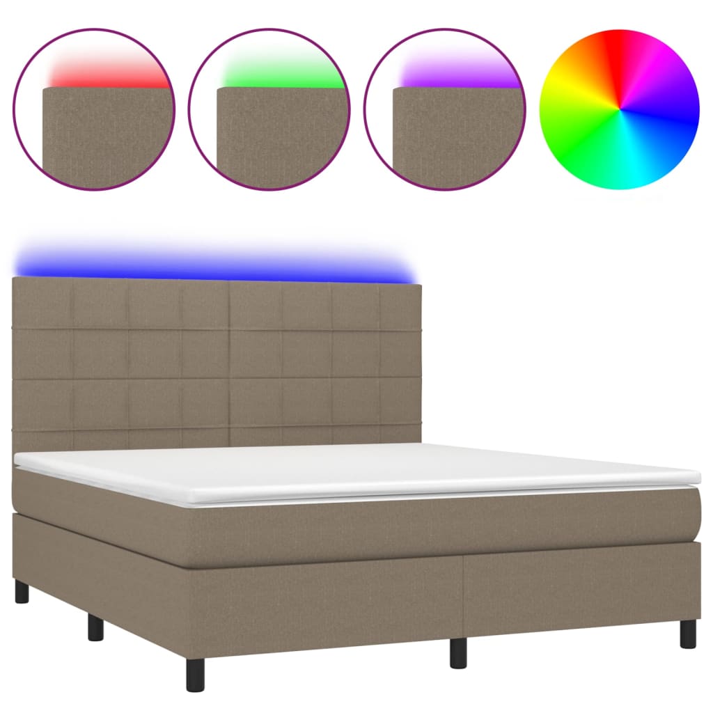 Krevet box spring s madracem LED smeđesivi 180x200 cm tkanina