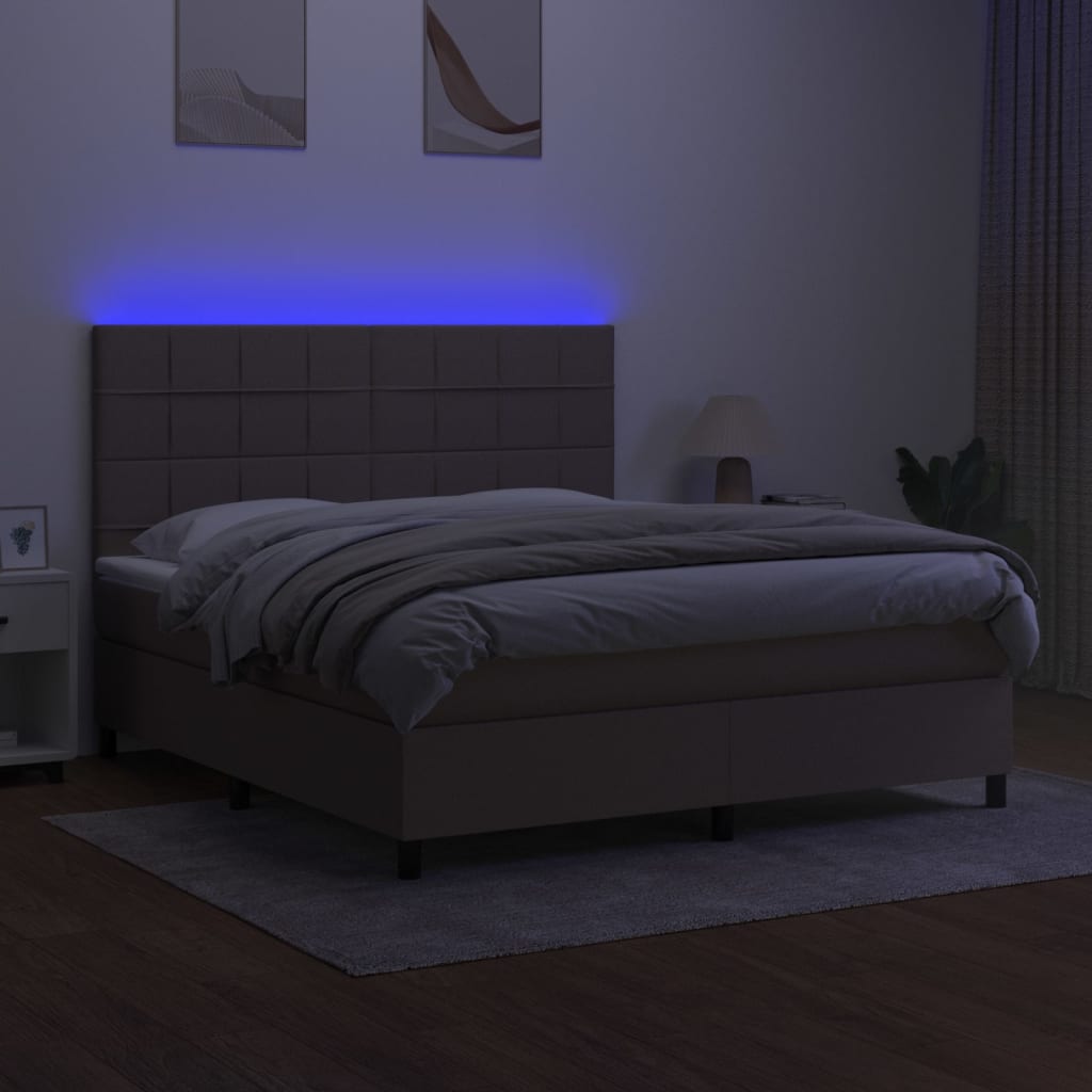 Krevet box spring s madracem LED smeđesivi 180x200 cm tkanina