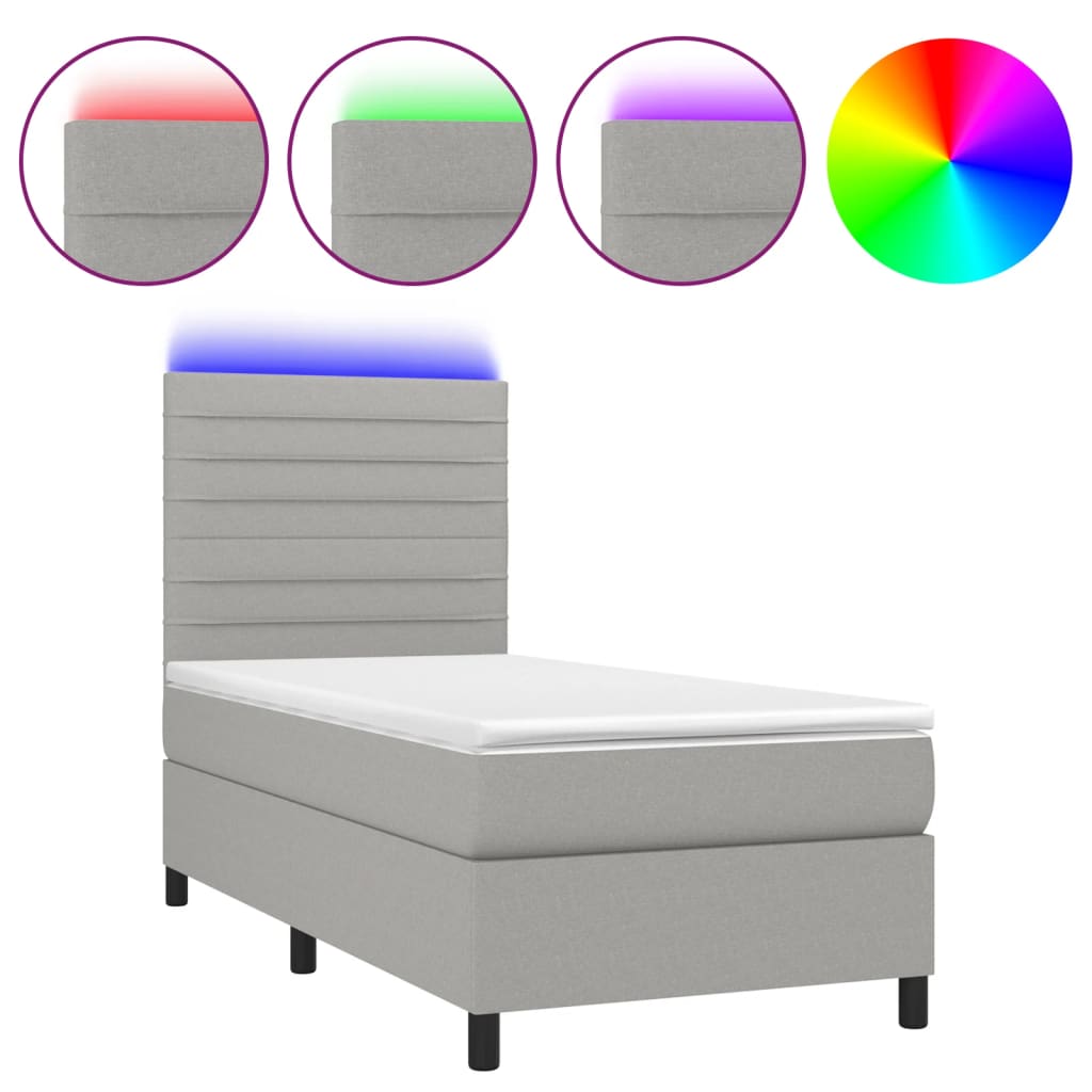 Krevet box spring s madracem LED svjetlosivi 90x190 cm tkanina
