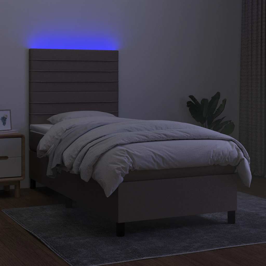 Krevet box spring s madracem LED smeđesivi 90x190 cm tkanina