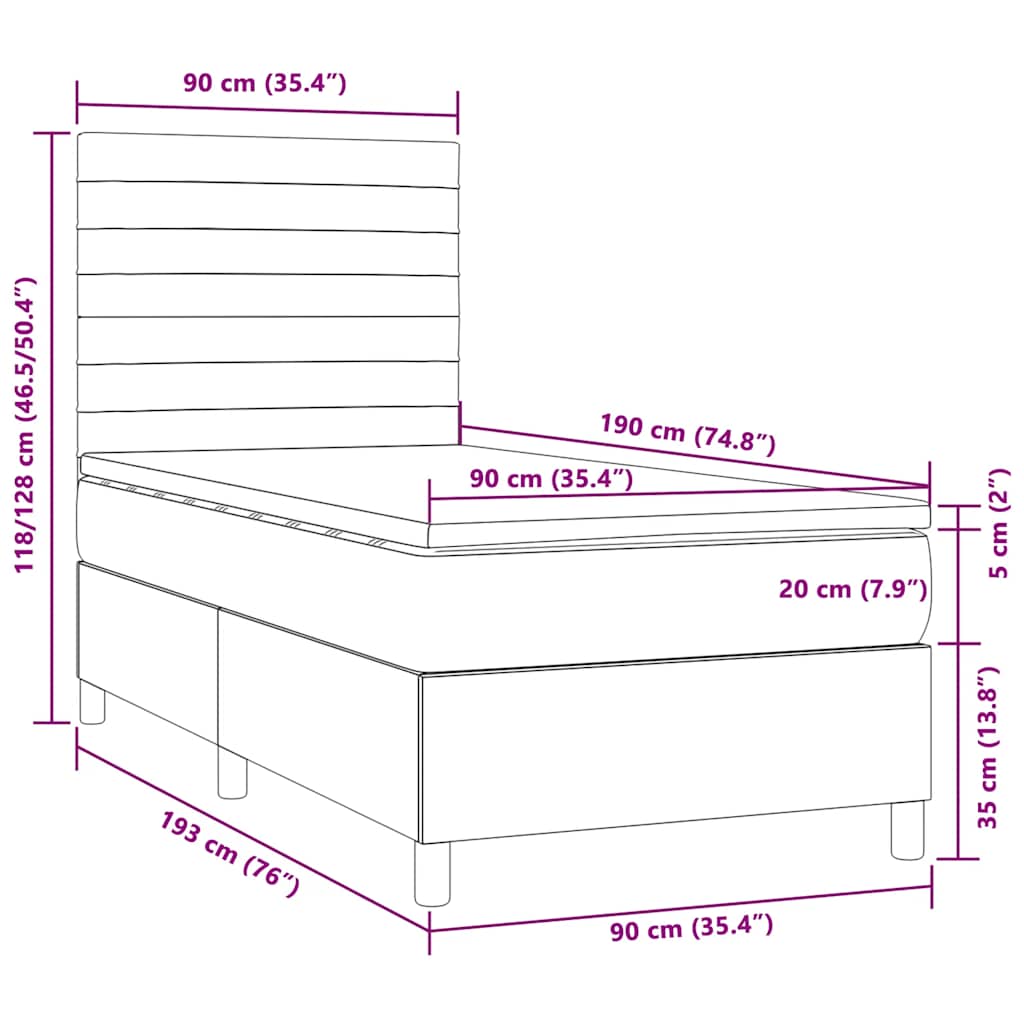 Krevet box spring s madracem LED smeđesivi 90x190 cm tkanina