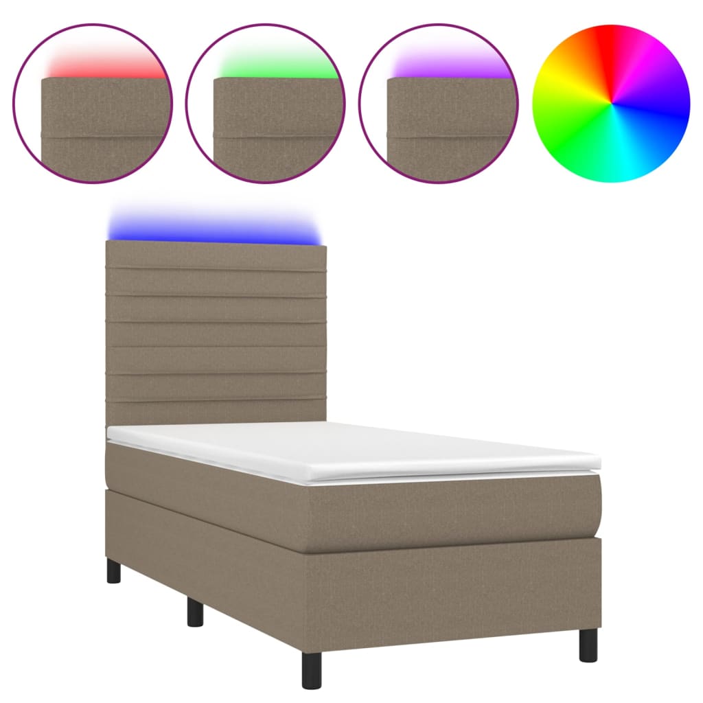 Krevet box spring s madracem LED smeđesivi 90x200 cm tkanina