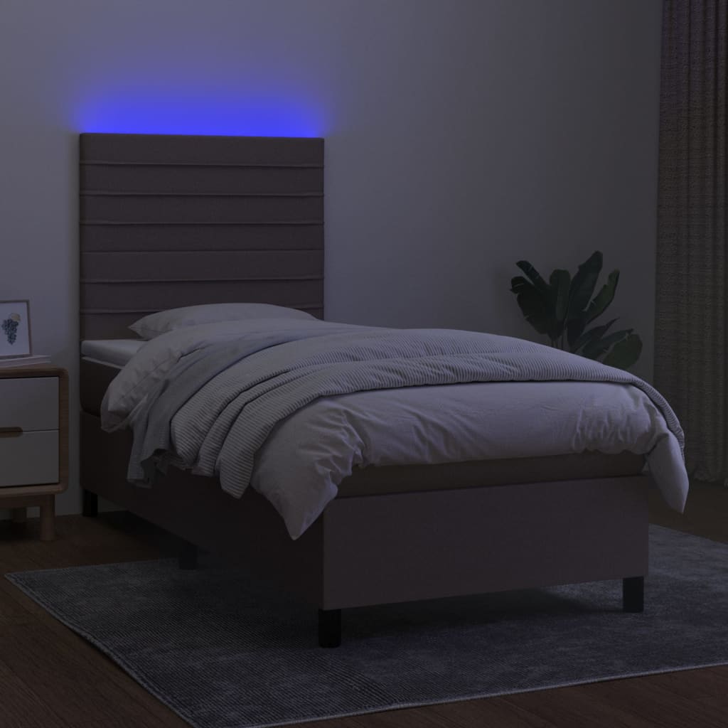 Krevet box spring s madracem LED smeđesivi 100x200 cm tkanina