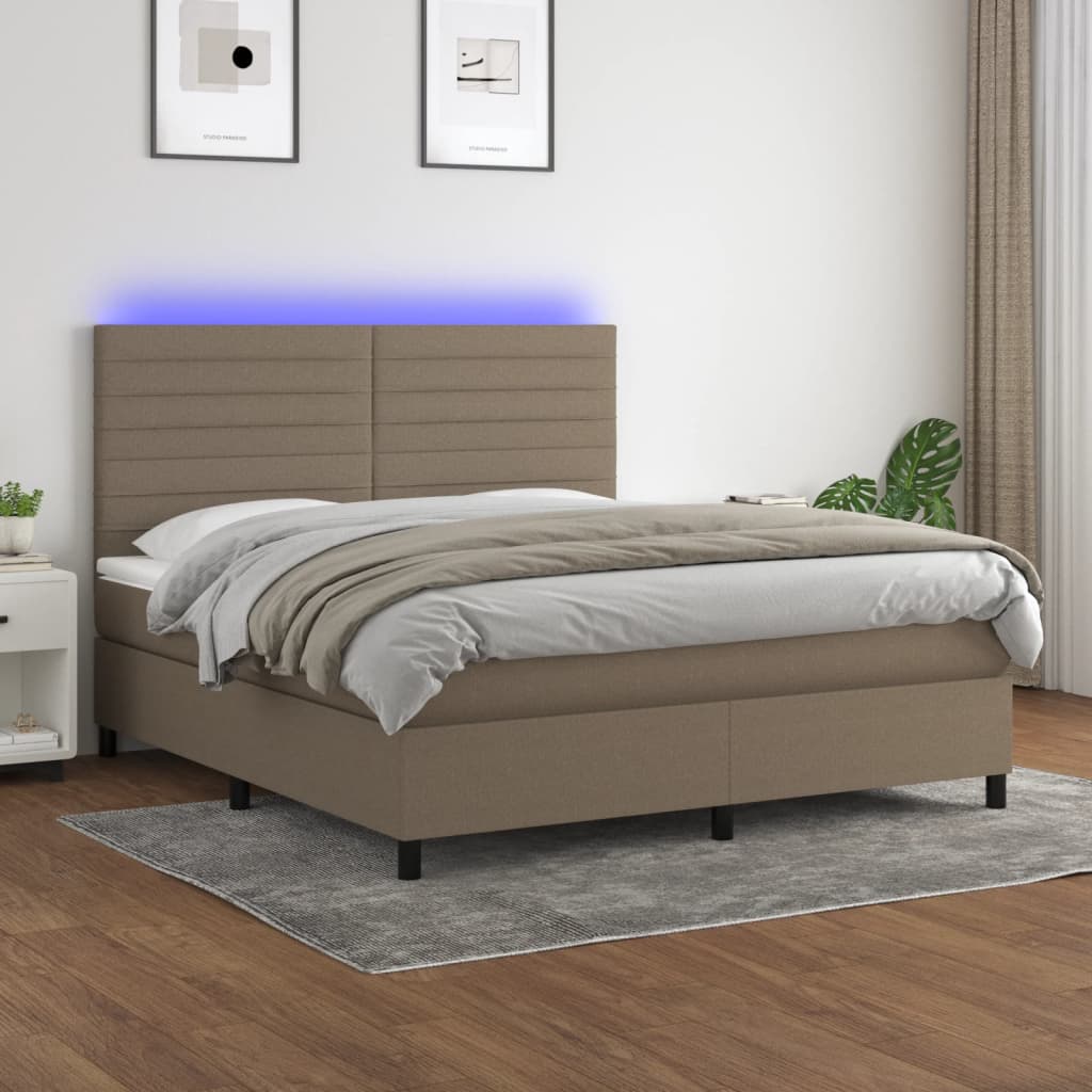 Krevet box spring s madracem LED smeđesivi 160x200 cm tkanina