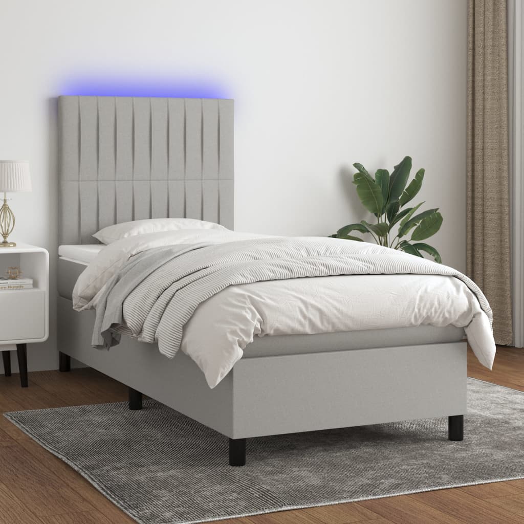 Krevet box spring s madracem LED svjetlosivi 90x190 cm tkanina