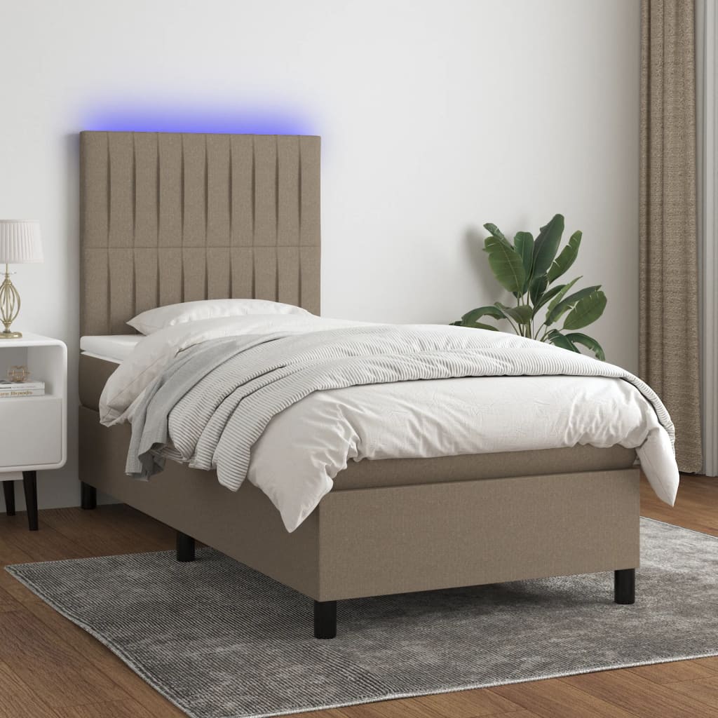 Krevet box spring s madracem LED smeđesivi 90x190 cm tkanina