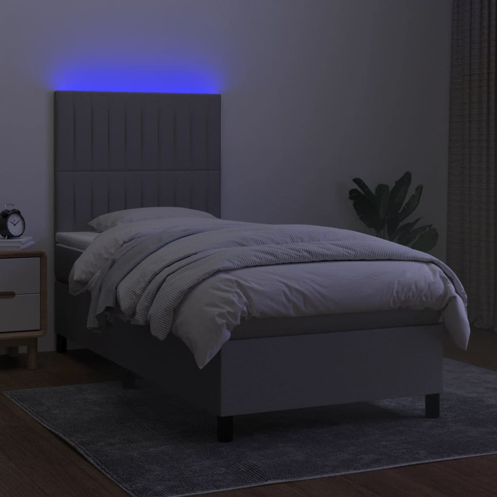 Krevet box spring s madracem LED svjetlosivi 90x200 cm tkanina