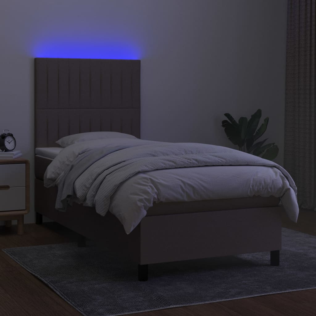 Krevet box spring s madracem LED smeđesivi 90x200 cm tkanina