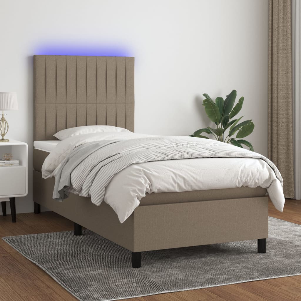 Krevet box spring s madracem LED smeđesivi 90x200 cm tkanina