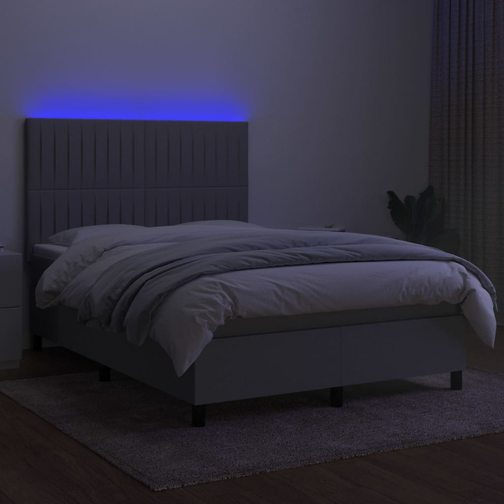 Krevet box spring s madracem LED svjetlosivi 140x190 cm tkanina