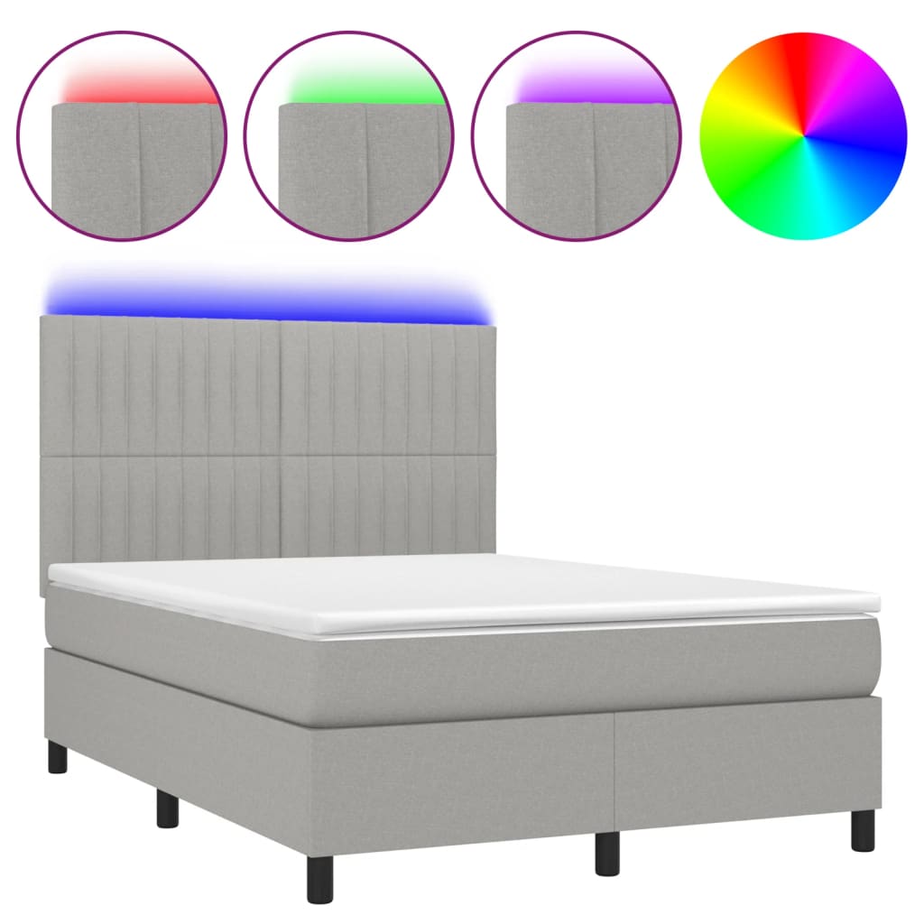 Krevet box spring s madracem LED svjetlosivi 140x200 cm tkanina