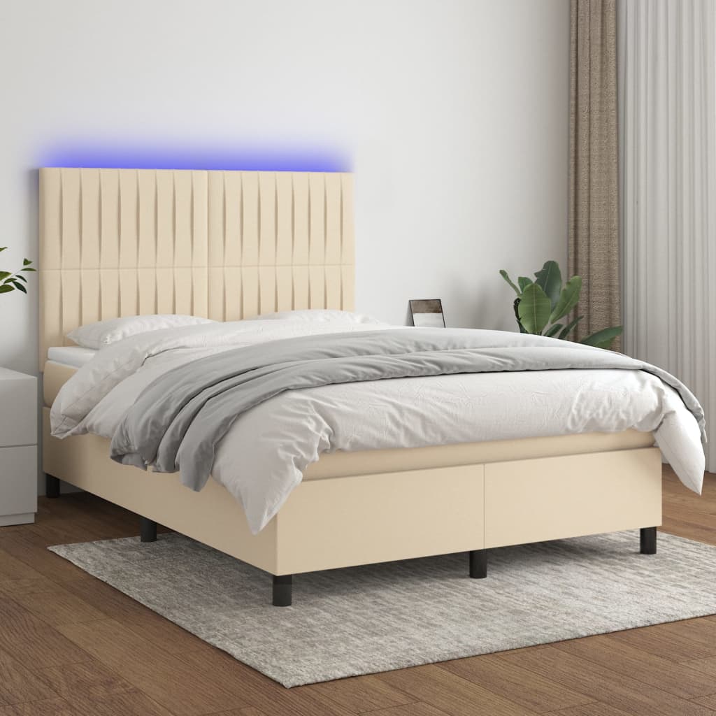 Krevet box spring s madracem LED krem 140x200 cm od tkanine