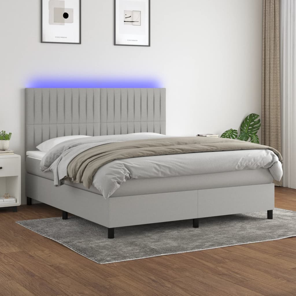 Krevet box spring s madracem LED svjetlosivi 160x200 cm tkanina