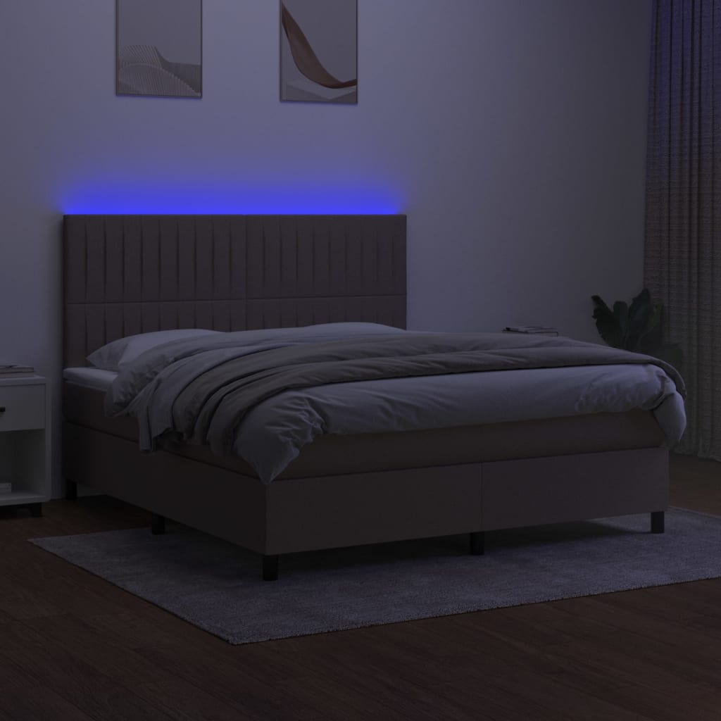 Krevet box spring s madracem LED smeđesivi 180x200 cm tkanina