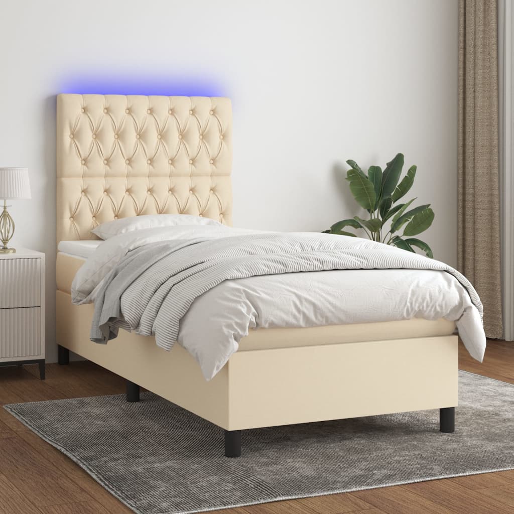 Krevet box spring s madracem LED krem 90x190 cm od tkanine