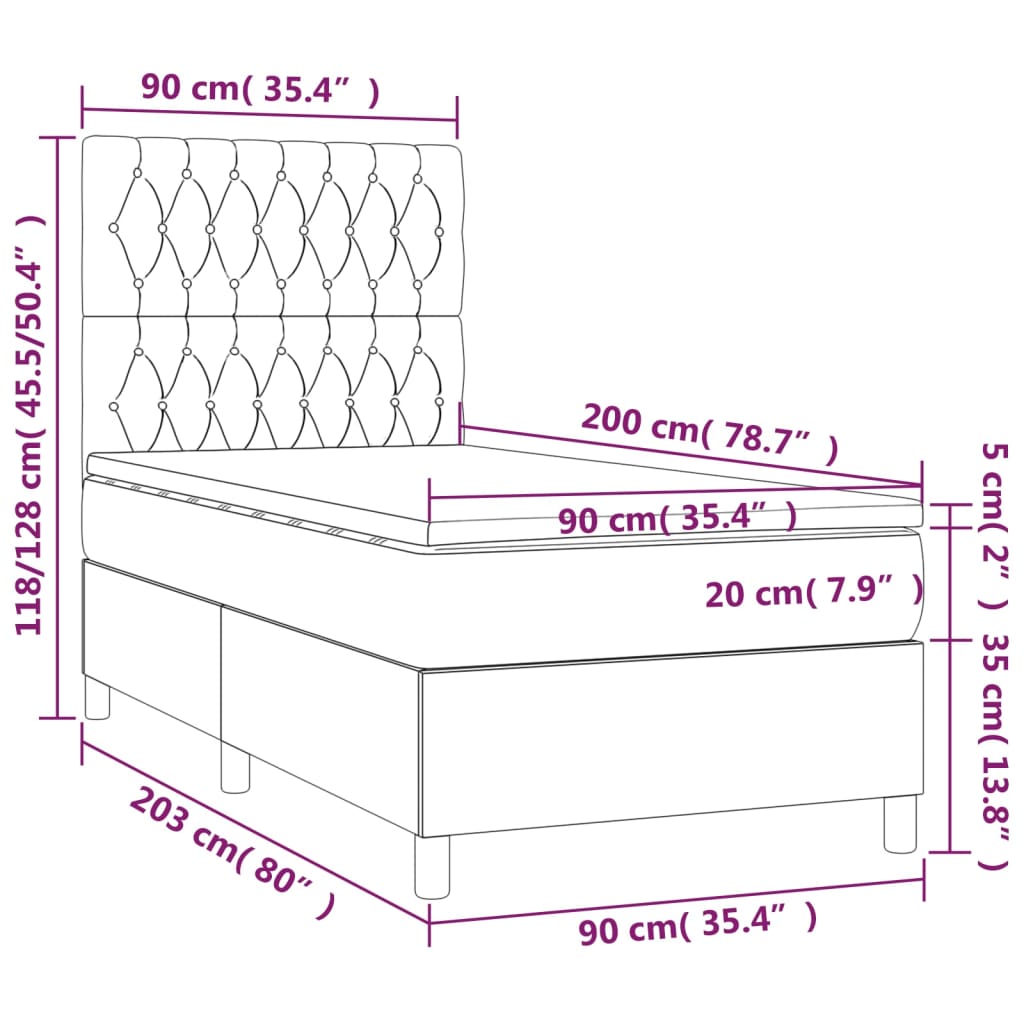 Krevet box spring s madracem LED smeđesivi 90x200 cm tkanina