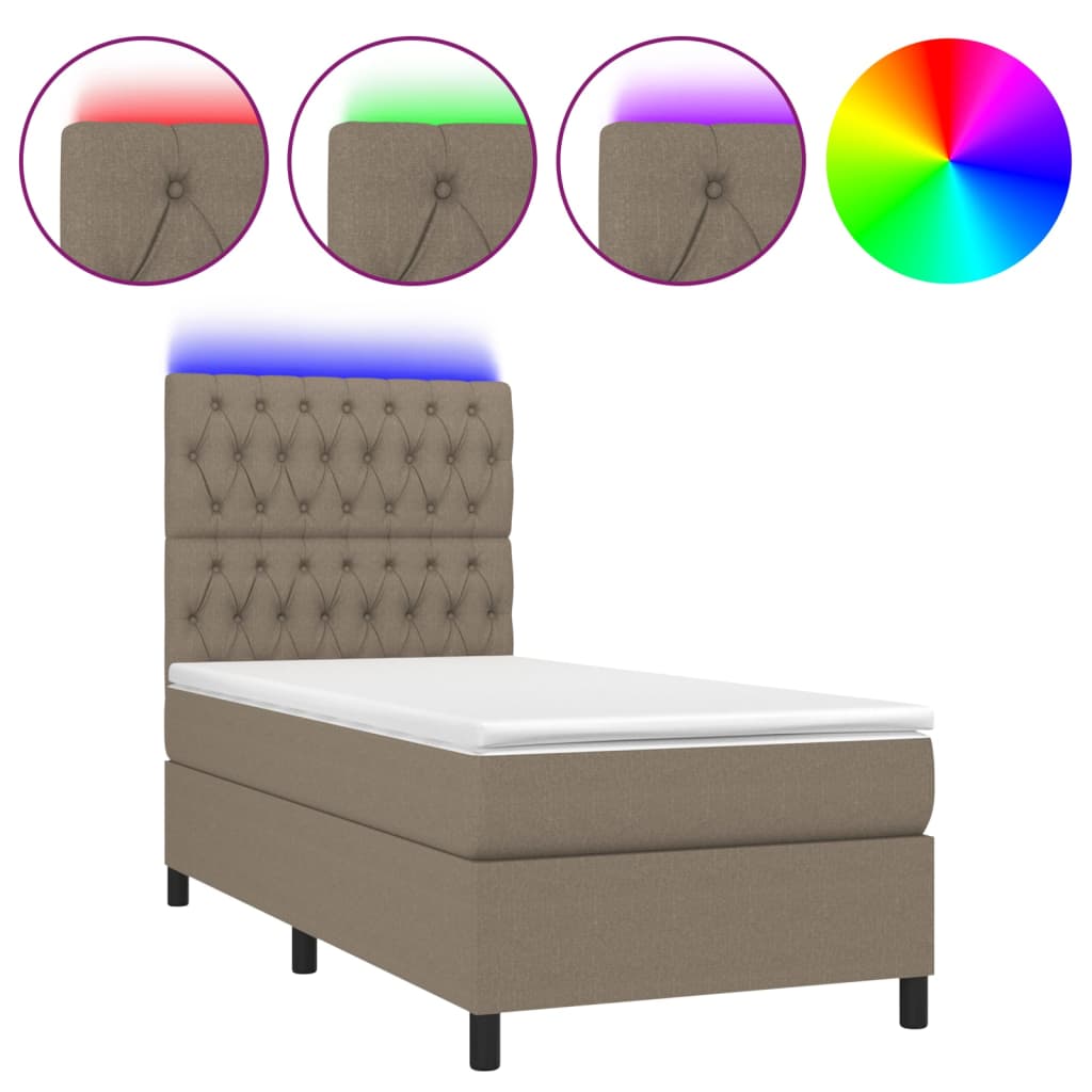 Krevet box spring s madracem LED smeđesivi 100x200 cm tkanina