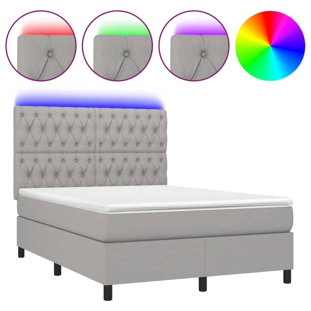 Krevet box spring s madracem LED svjetlosivi 140x190 cm tkanina