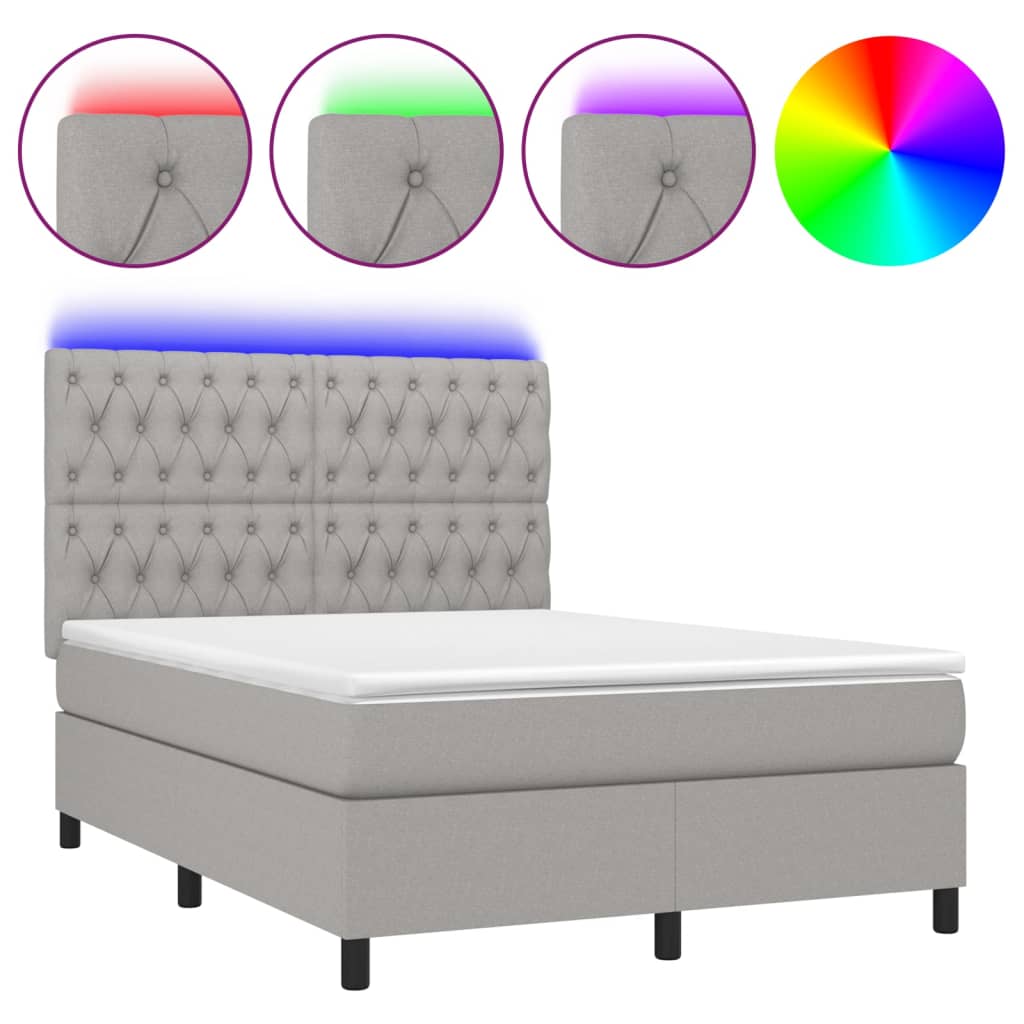 Krevet box spring s madracem LED svjetlosivi 140x200 cm tkanina