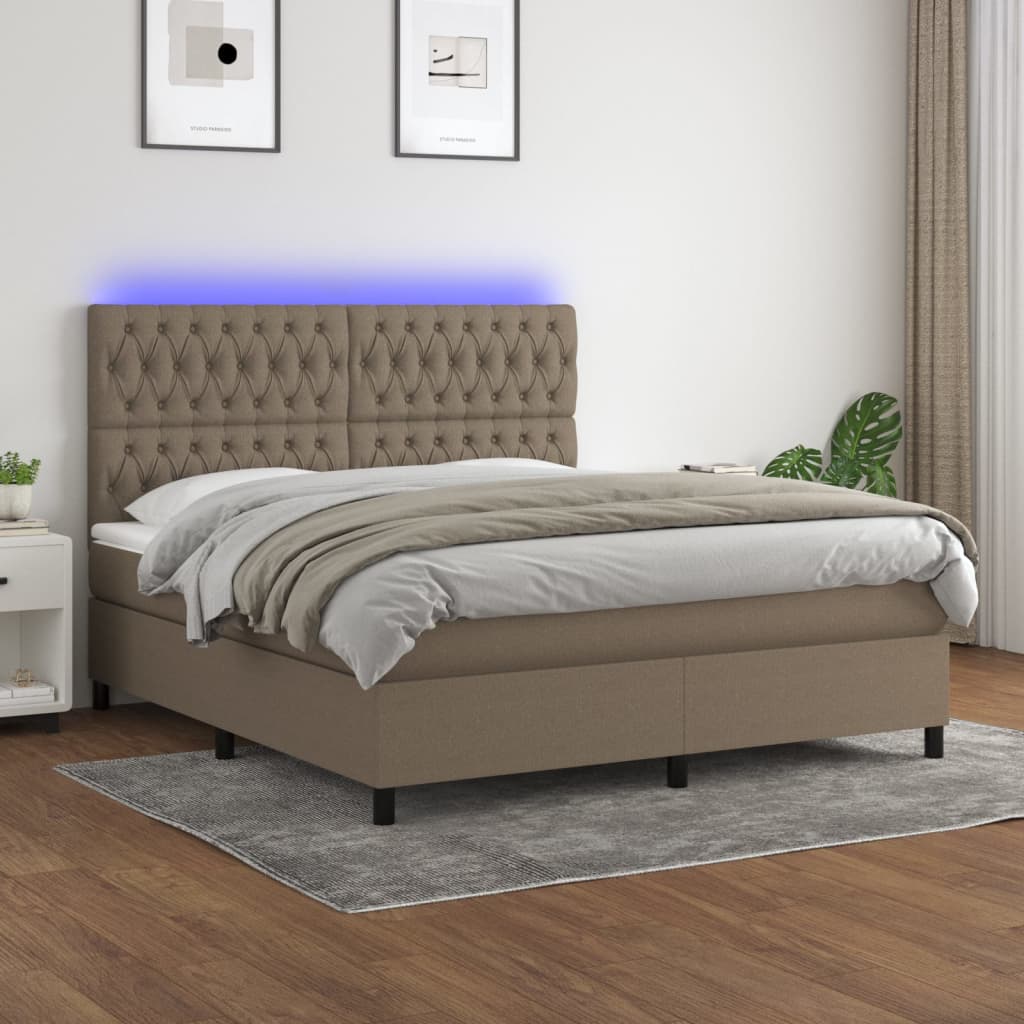 Krevet box spring s madracem LED smeđesivi 160x200 cm tkanina