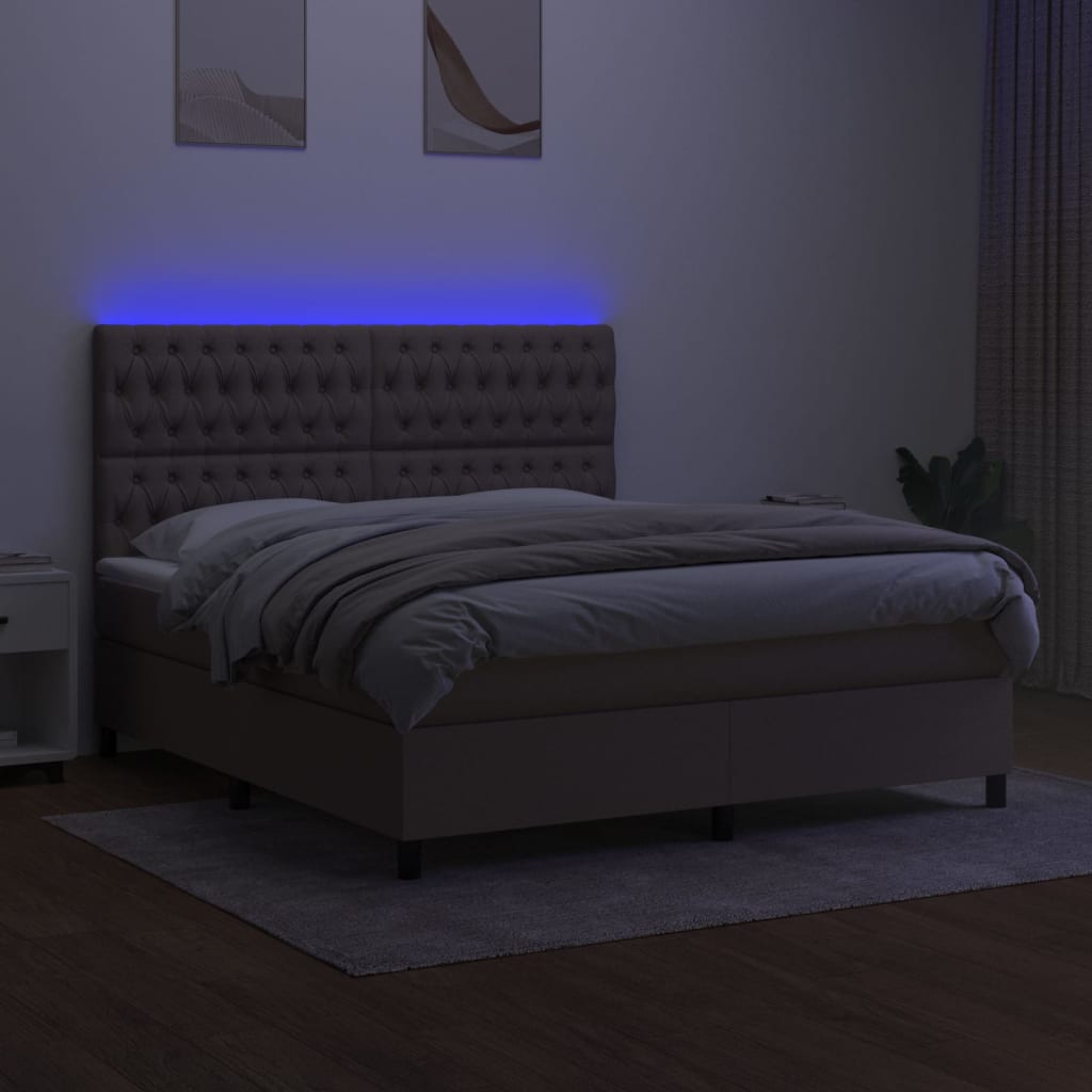 Krevet box spring s madracem LED smeđesivi 180x200 cm tkanina
