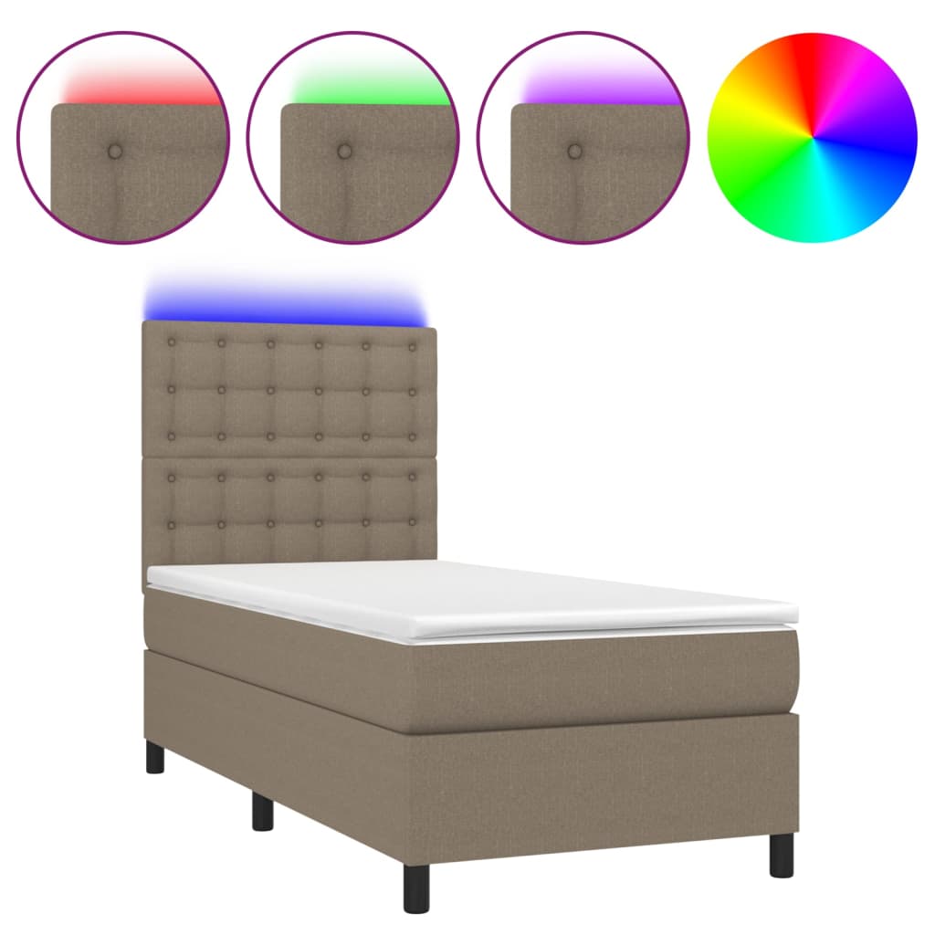 Krevet box spring s madracem LED smeđesivi 90x190 cm tkanina