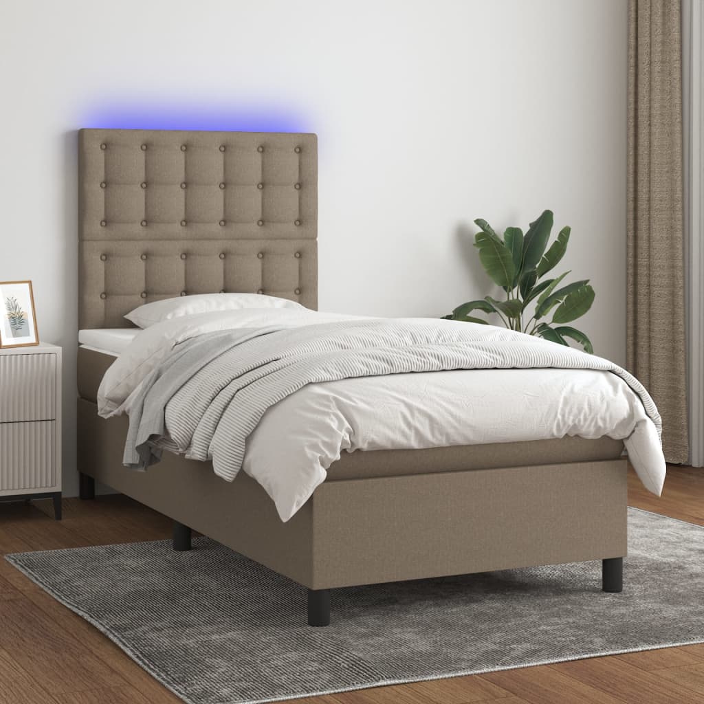 Krevet box spring s madracem LED smeđesivi 90x200 cm tkanina