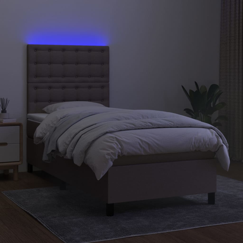 Krevet box spring s madracem LED smeđesivi 100x200 cm tkanina