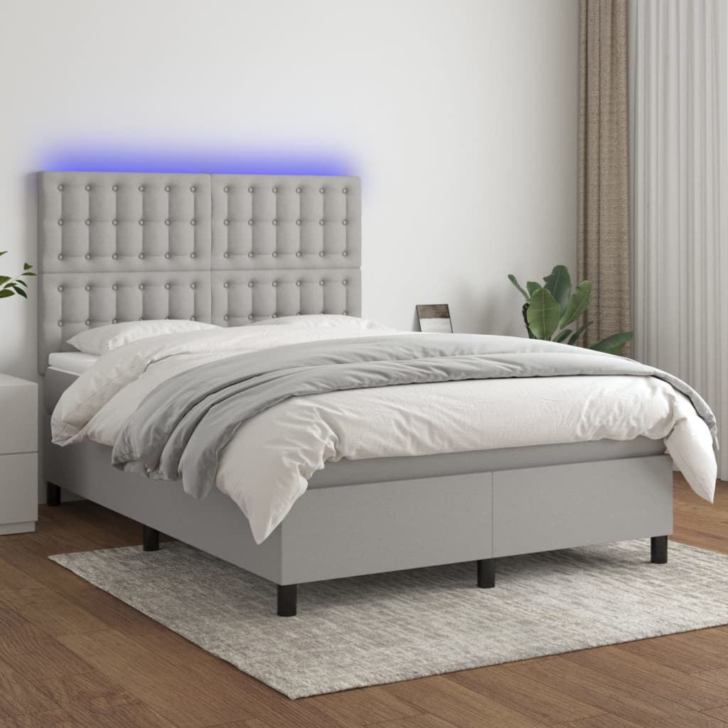 Krevet box spring s madracem LED svjetlosivi 140x200 cm tkanina