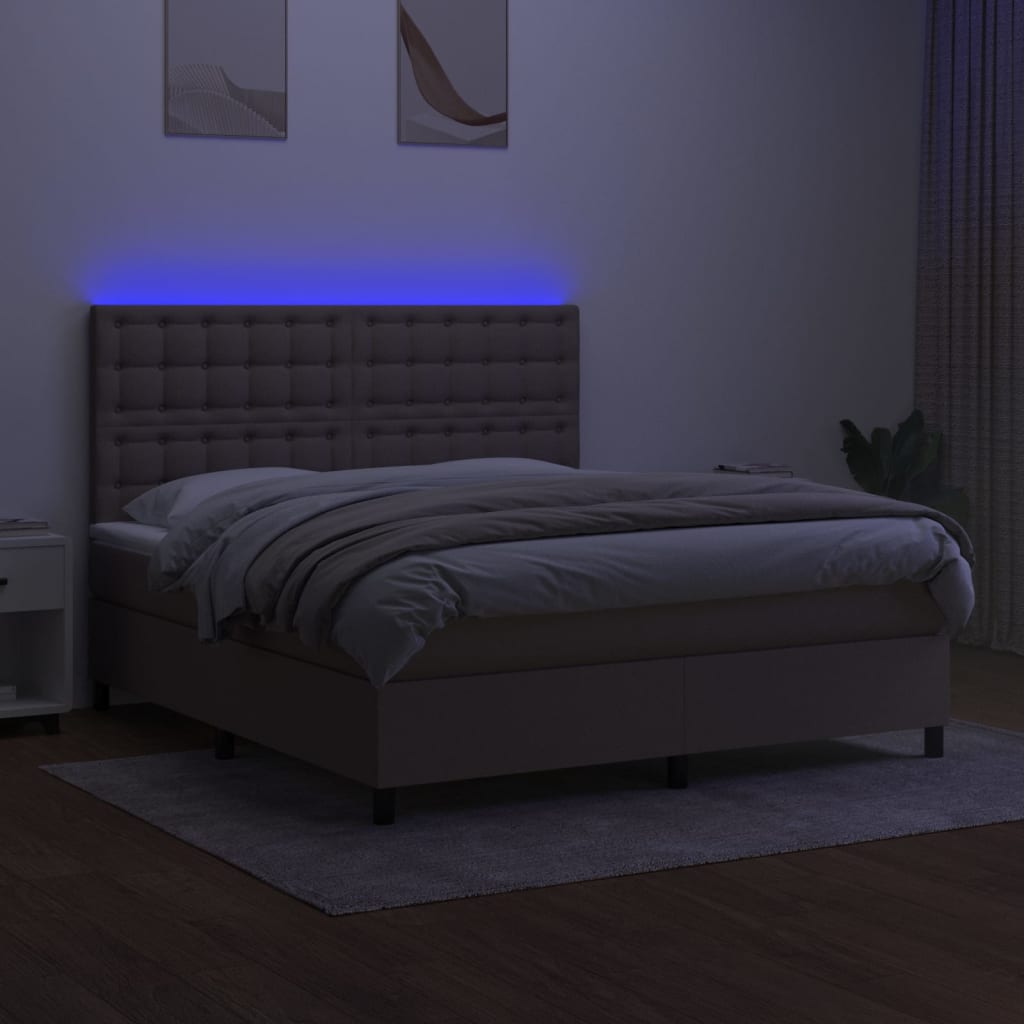 Krevet box spring s madracem LED smeđesivi 180x200 cm tkanina