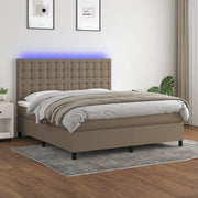 Krevet box spring s madracem LED smeđesivi 180x200 cm tkanina