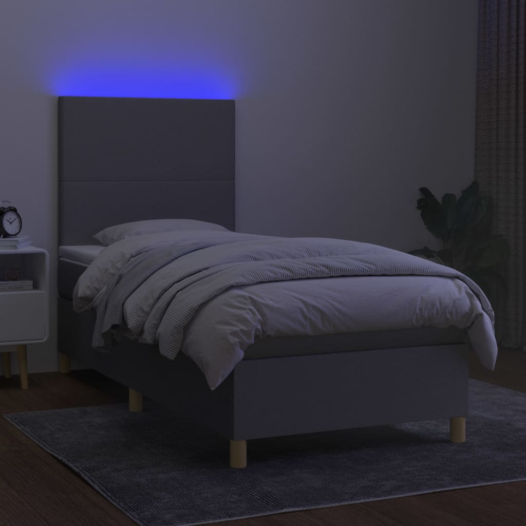 Krevet box spring s madracem LED svjetlosivi 90x200 cm tkanina